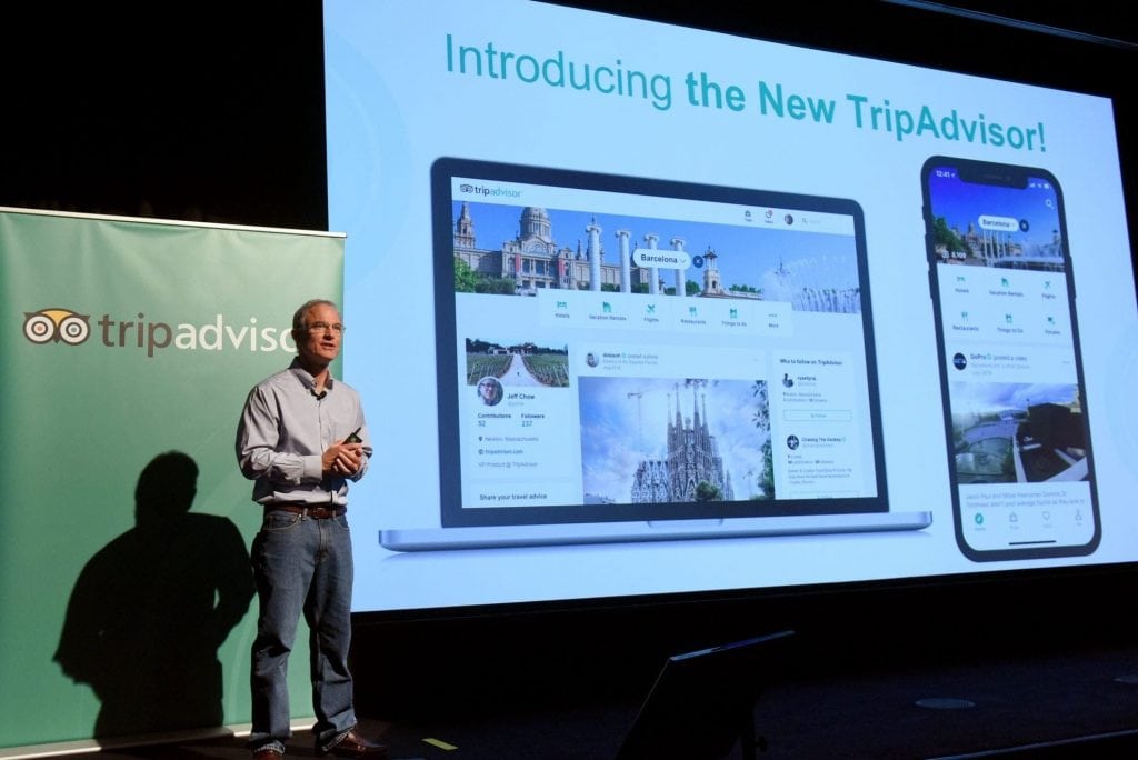 Tripadvisor restructured its operations on April 28, 2020. Pictured, Steve Kaufer, CEO, introduces the new TripAdvisor travel feed, September 17, 2018, in New York City.
