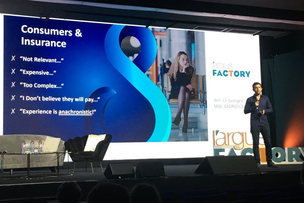 Noam Shapira, co-founder and co-CEO of Setoo, shown here speaking at the Argus Factory event on insurance industry innovation in Paris in July 2018. Setoo announced a seed funding round this week.