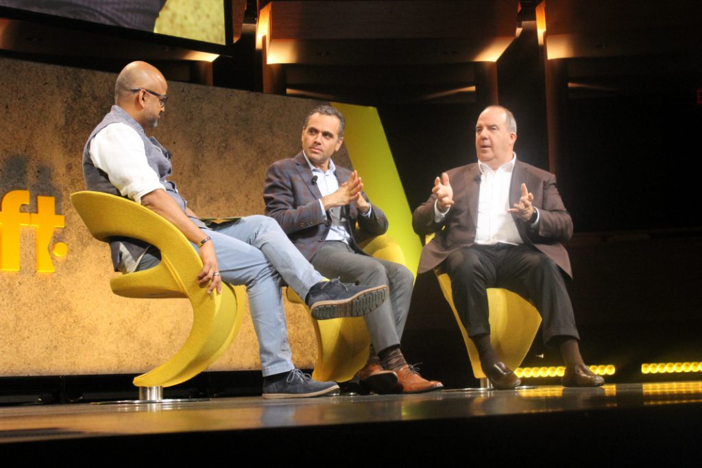 Shown here are Matthew Upchurch, Chairman and CEO of Virtuoso, (right) and Jack Ezon, founder and managing partner of Embark (center), talking with Skift CEO and founder Rafat Ali (left) at Skift Global Forum on Thursday in New York City.
