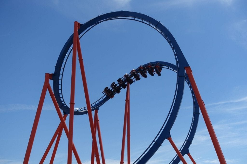 A roller coaster is pictured at Six Flags Magic Mountain in California in July of 2018. The operator's Dubai project, slated to open in 2019, is under review.