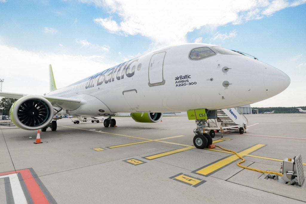 Air Baltic was one of the first airlines in Europe to completely stop flying. Pictured is one of the airline's Airbus A220s. 