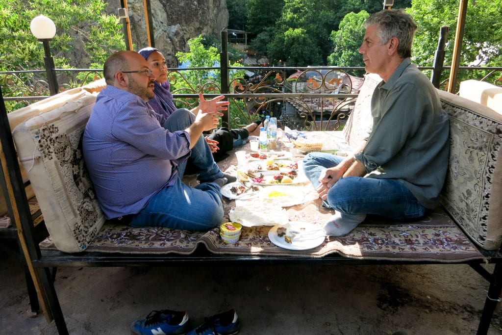 Journalists Jason Rezaian and Yeganeh Salehi (at left) with Anthony Bourdain during "Parts Unknown's" Iran episode in 2014.