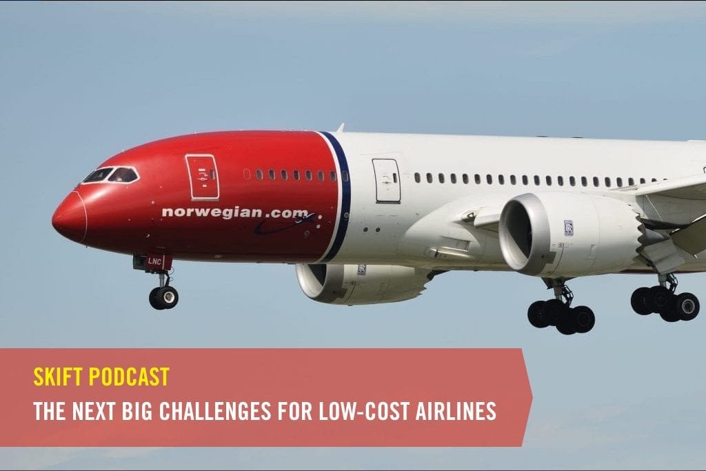 A Norwegian Air jet is pictured. The latest Skift Podcast delves into challenges for low-cost airlines like Norwegian. 