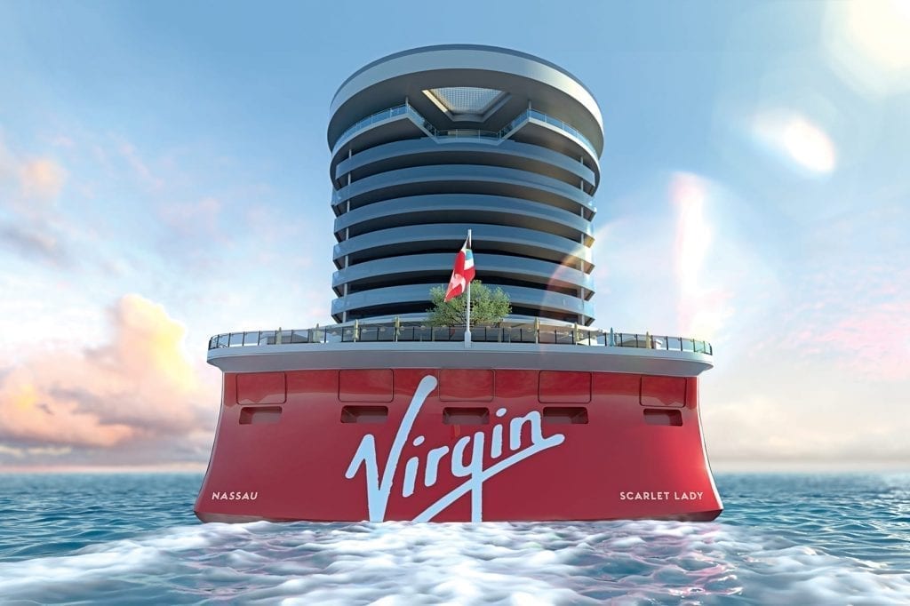 A rendering of the first Virgin Voyages ship, Scarlet Lady, is shown. The ship will visit Cuba, the cruise line announced Wednesday. 