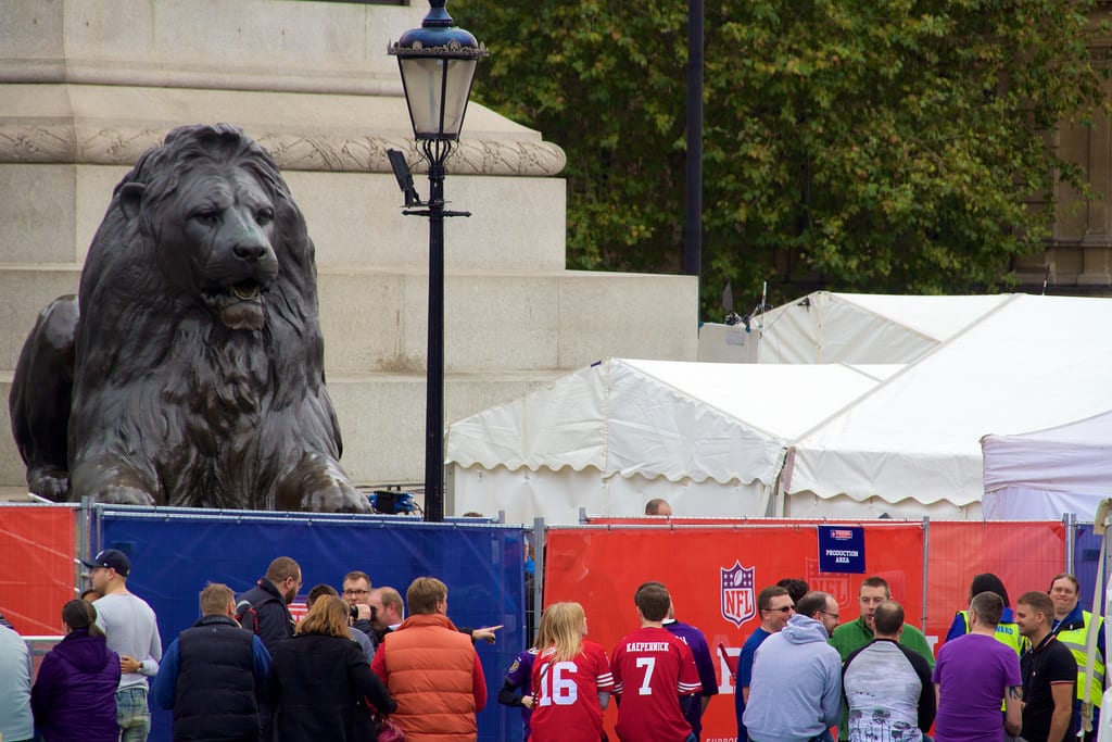 Brand USA is once again partnering with NFL UK to sponsor the 2018 NFL London Games. Pictured are NFL fans in Trafalgar Square in London.