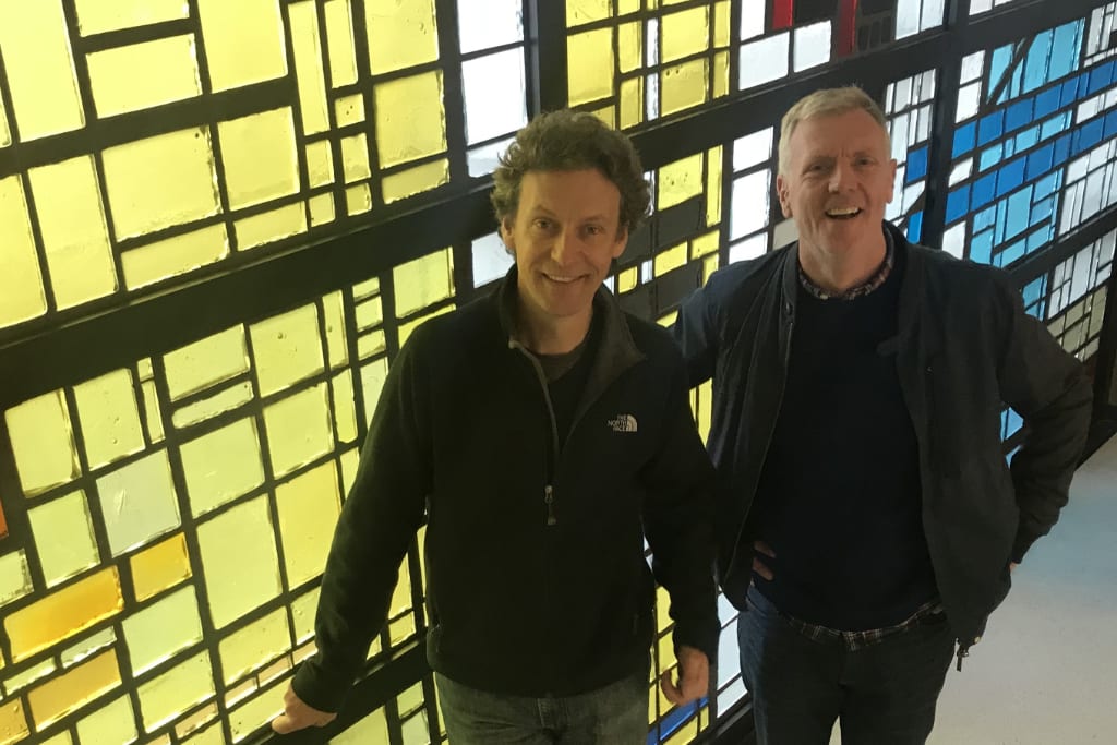 Hugo Burge (left), former CEO of Momondo Group, and Alan Martin, managing director of Marchmont Ventures, at a Regus office rental space in Copenhagen. 