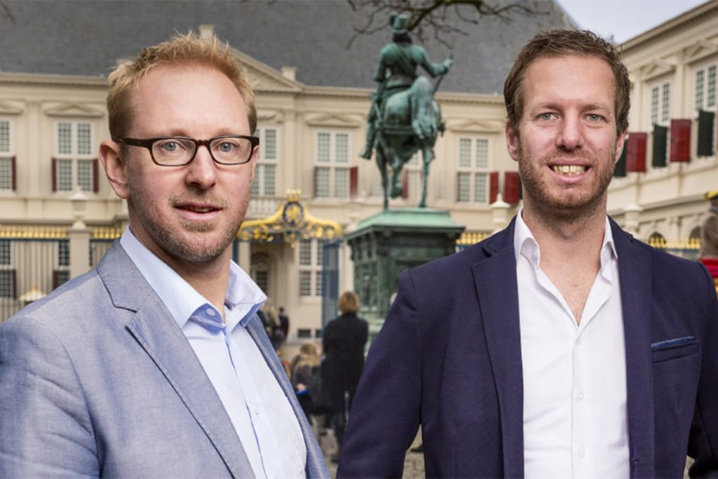Shown here are the co-founders of Bidroom: Casper Knieriem, the chief business development officer, on the left, and Michael Ros, chief operating officer, on the right. The photo was taken in front of Noordeinde Palace in The Hague, Netherlands. It serves as the working office for the Dutch King, and that building is close to the spot where Bidroom's original headquarters was. Bidroom, a hotel booking platform, has raised $17 million in capital. 