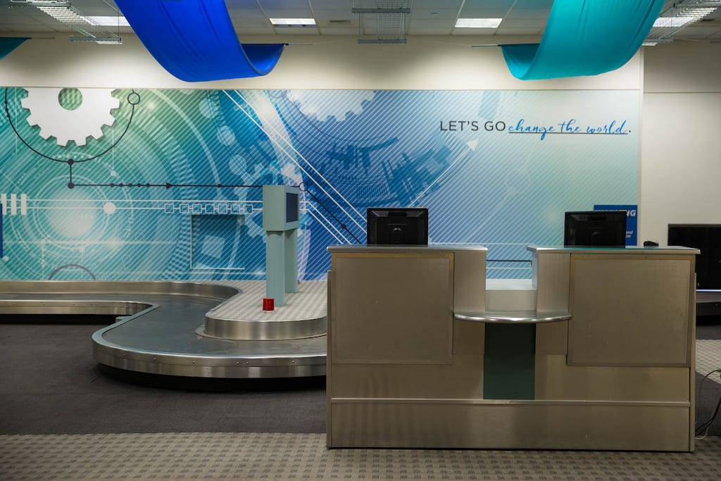 San Diego International Airport's Innovation Lab is part of the airports former commuter terminal. The 3,500-square-foot space has a mini-terminal area with ticket counters and a bag claim carousel.