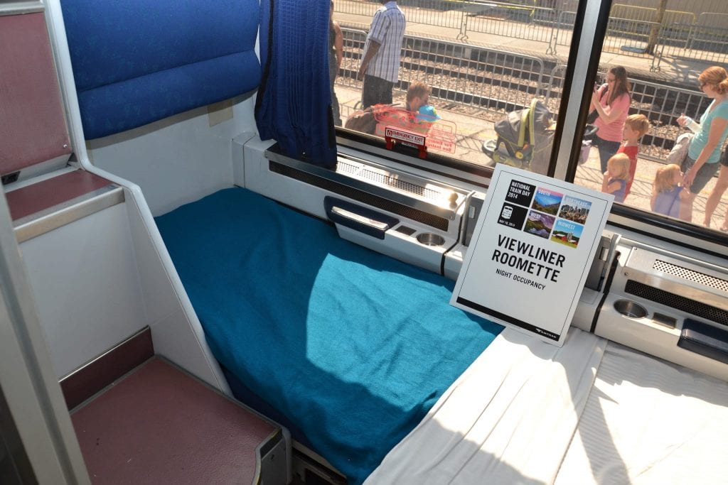 An Amtrak viewliner roomette on May 10, 2014. Amtrak sleeper car attendants provide face-to-face hospitality to long-distance riders. 