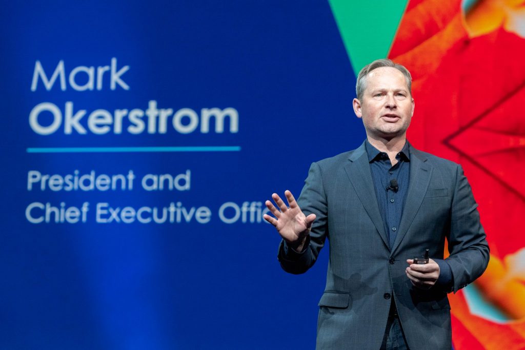Former Expedia CEO Mark Okerstrom at the company's Explore '18 conference in Las Vegas December 5 2018. Okerstrom resigned from his position after a shareholder meeting.