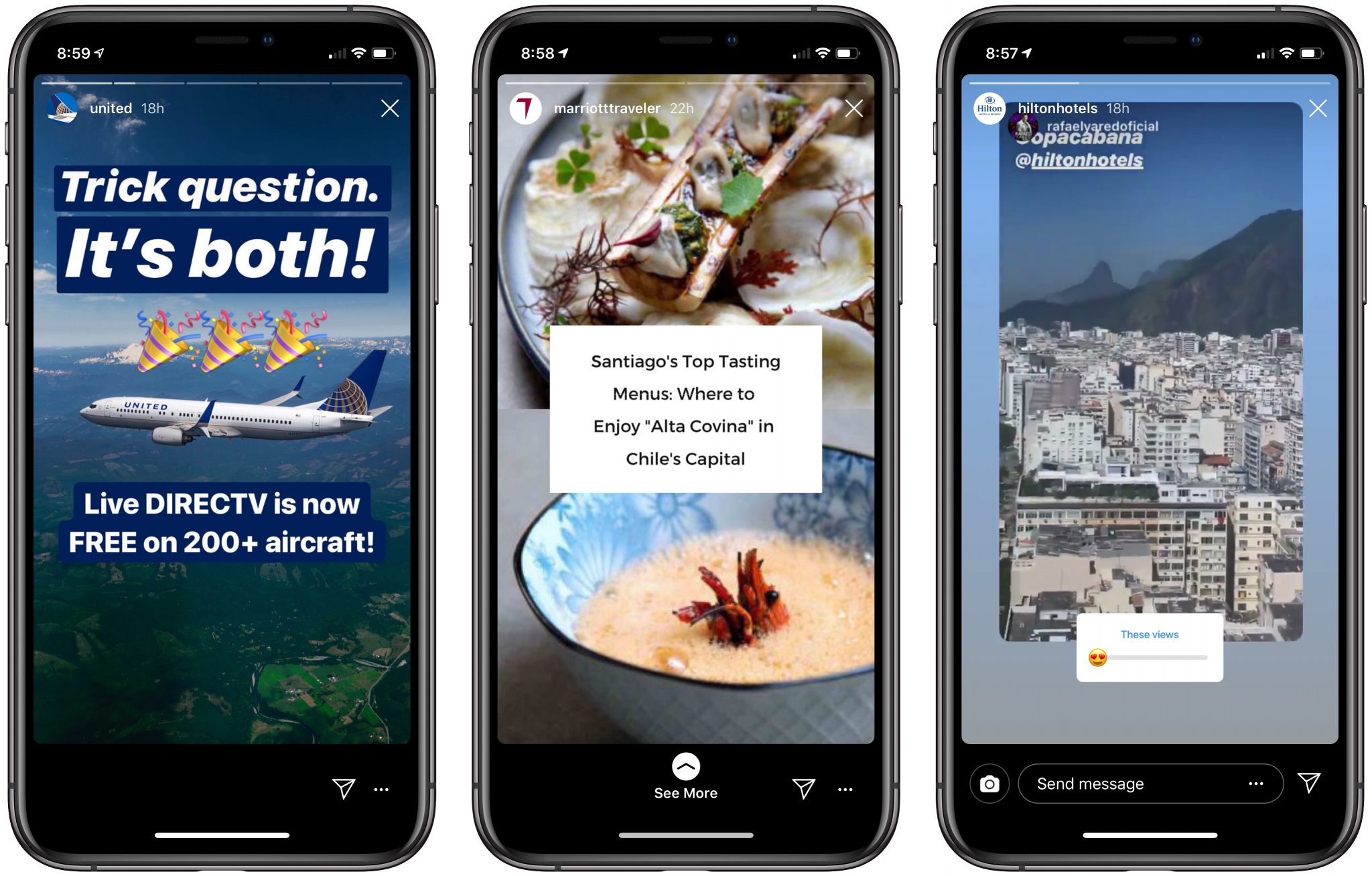 Facebook sees a lot more e-commerce potential in Stories and in messaging apps. Pictured are Instagram Stories from United Airlines, Marriott International, and Hilton Hotels. 