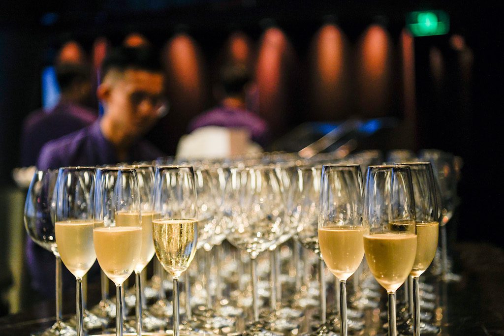 Glasses of champaign at the Fortune Global Tech Forum 2018 at the Four Seasons Hotel in Guangzhou, China.
