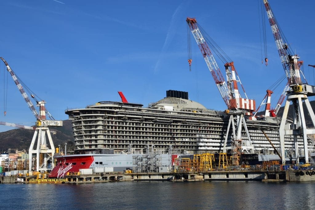 The first Virgin Voyages ship, Scarlet Lady, is shown under construction in a recent photo. Sailings went on sale to the public Thursday.