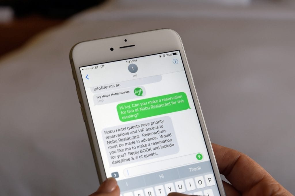 Ivy, a virtual concierge text-messaging system offered to guests in Las Vegas. Customers can text a message to reserve seats at Nobu Restaurant in Caesars Palace, for example. Tech vendor Go Moment created Ivy.