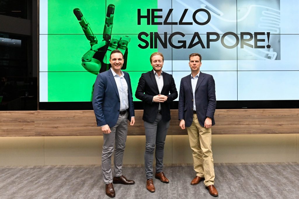 From left, Lufthansa Group's vice president sales Asia-Pacific Alain Chisari, Lufthansa Innovation Hub's managing director Gleb Tritus and Lufthansa Group's vice president of digital strategy Christian Langer, launching the hub in Singapore. Photo credit: Lufthansa Innovation Hub