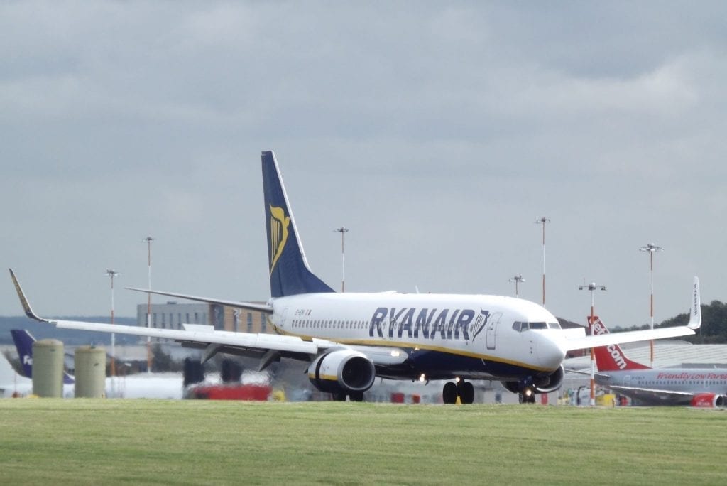 A Ryanair jet at East Midlands airport in the UK. The airline slipped to a quarterly loss.