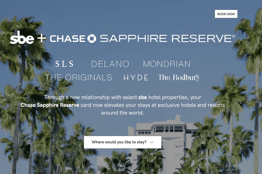 The landing page of SBE's new booking portal through which Chase cardholders can earn special perks.