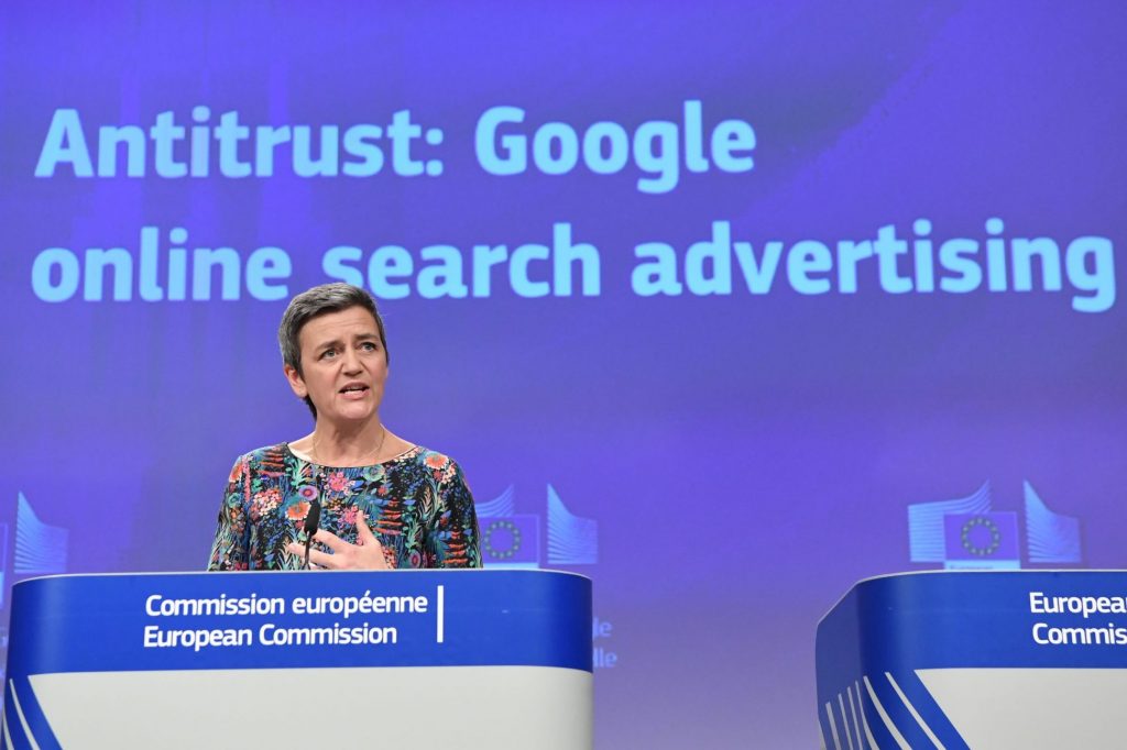Competition Commissioner Margrethe Vestager, at a press conference March 20, 2019 announcing a fine against Google. 