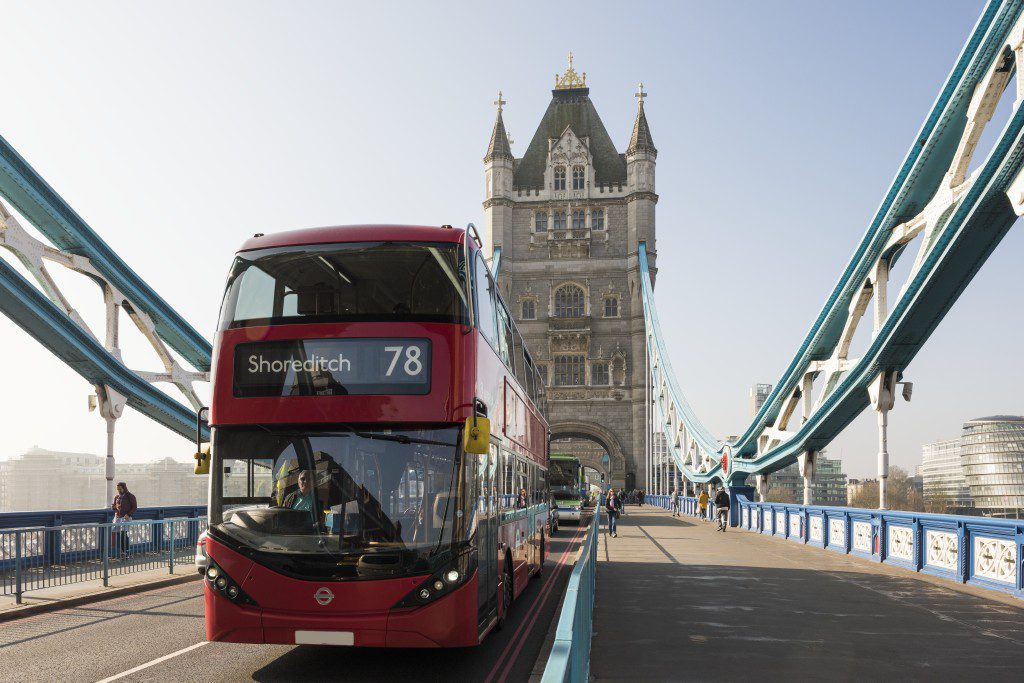 A London bus crosses Tower Bridge. London and Partners CEO Laura Citron is speaking at Skift Forum Europe.
