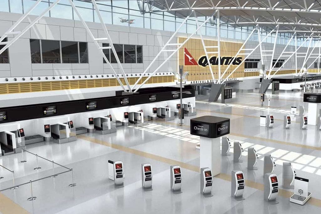 A view of the self-bag drop lanes for Qantas at Sydney's International Airport which ICM Airport Technics, a company that Amadeus has just acquired, builds and operates.