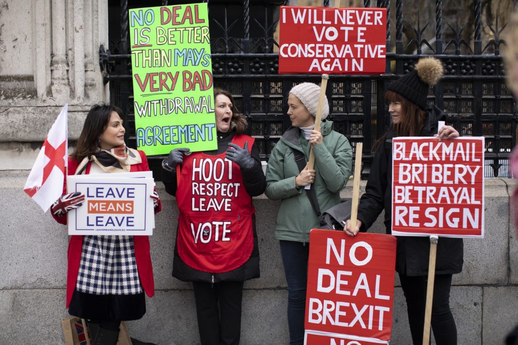 Brexit protesters. The UK is in political chaos. 
