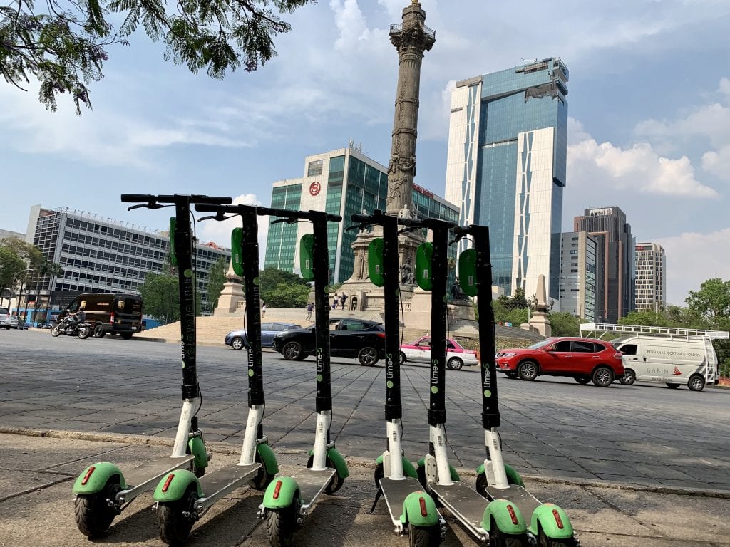 Lime scooters abandoned on a sidewalk in central Mexico City. The country is one of 150 on a 'do not travel' list issued by the U.S. State Department. 