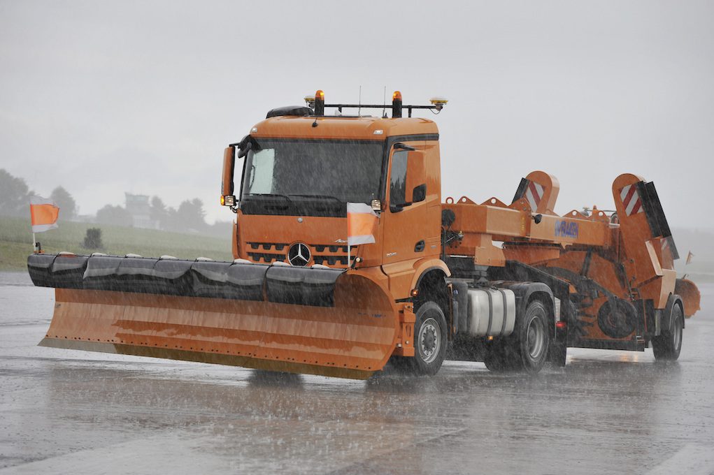 The German company Daimler has developed an automated snow plow for airports. It’s seen here in a 2017 test. 