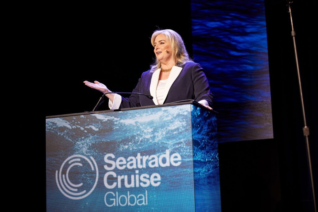 Kelly Craighead, CEO of Cruise Lines International Association, speaks during the Seatrade Cruise Global conference in Miami Beach.