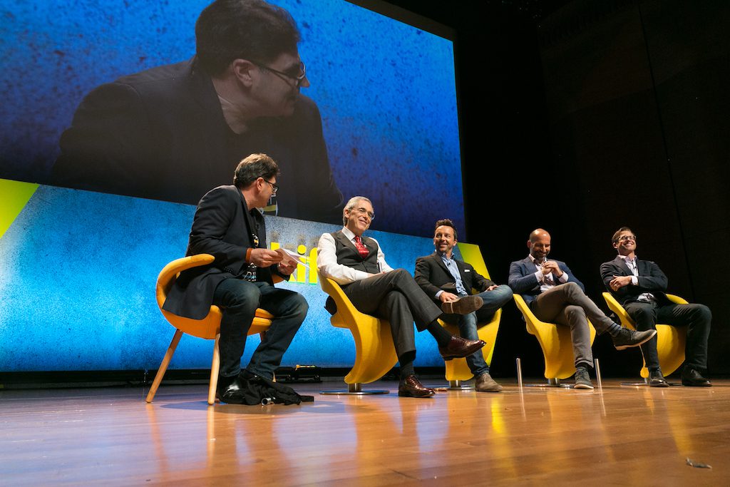 Upside and Priceline founder Jay Walker, second from the left, speaking at Skift Global Forum 2016.