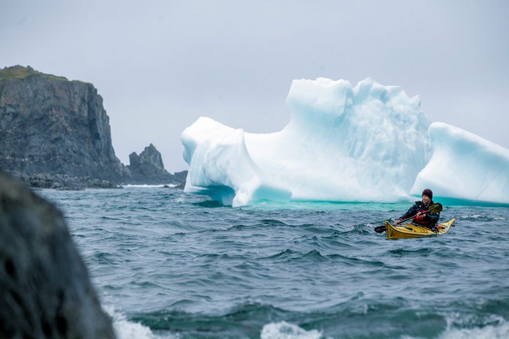 Kayaker with iceberg off Quirpon Island Western, Newfoundland. Icebergs are a big tourist draw.