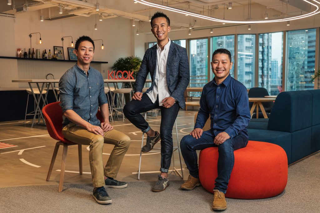 Klook's co-founders, from left, COO Eric Gnock Fah, CEO Ethan Lin and chief technology officer Bernie Xiong. 