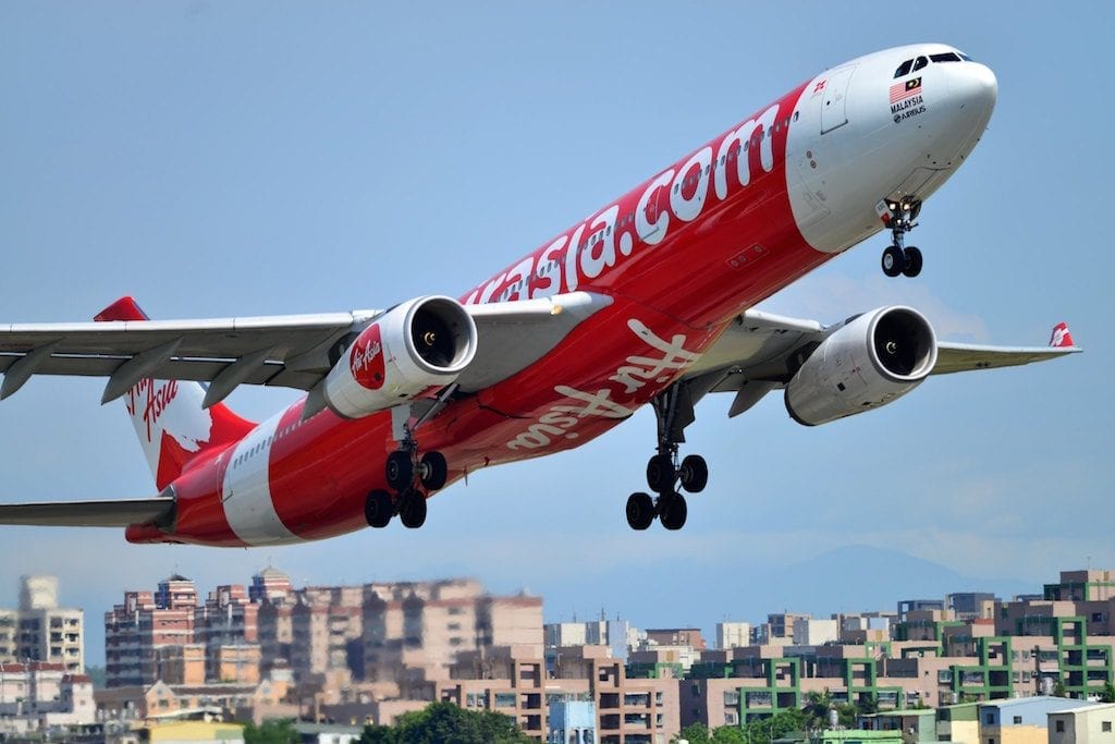 AirAsia Airbus A330 flies out of Kaohsiung International Airport in Kaohsiung City, Taiwan. 