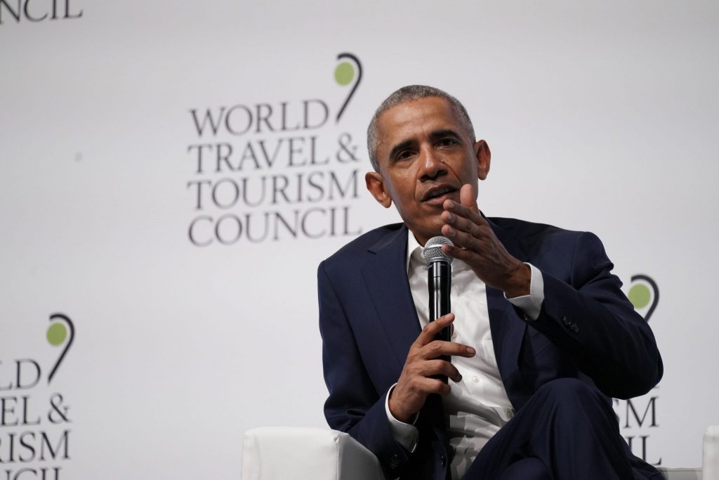 Former US President Barack Obama on stage at the World Travel and Tourism Council Global Summit in Seville, Spain. Obama spoke about challenges to the sector.