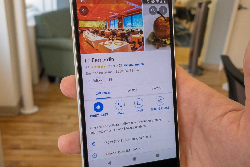 A page for Le Bernardin restaurant on Google Maps app. Google Maps was the most-downloaded travel app in 2021.
