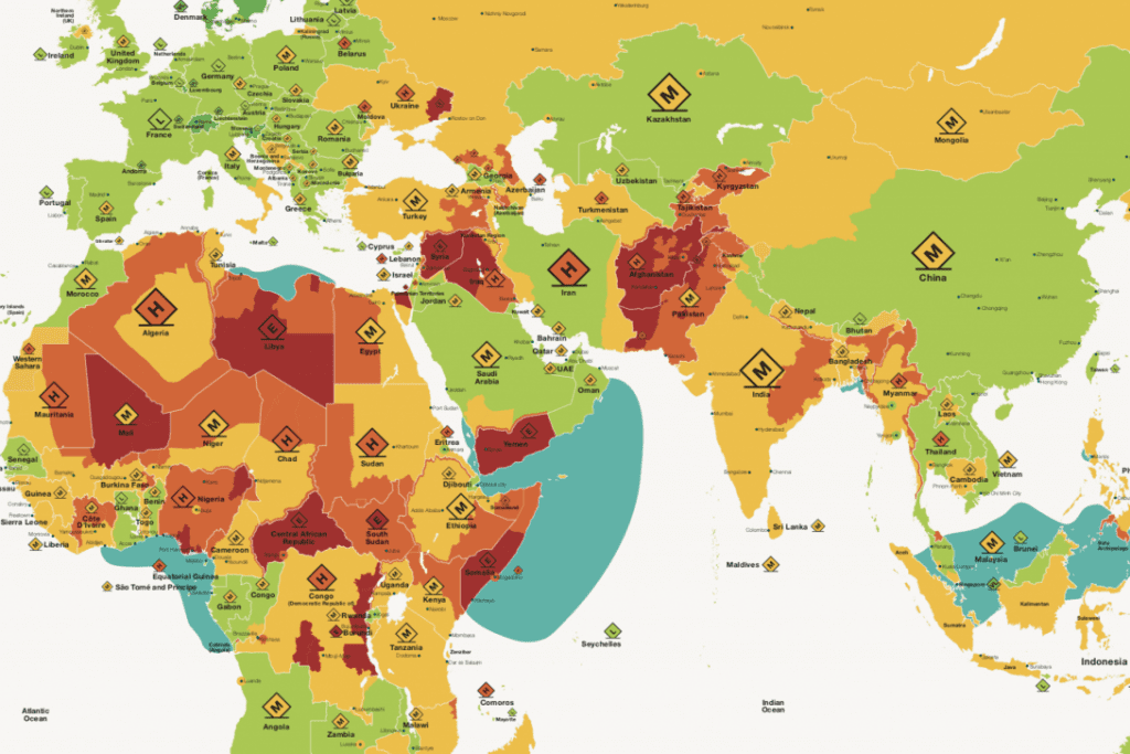 Control Risks’ Riskmap identifies travel dangers around the world. We show a portion of its global map here.