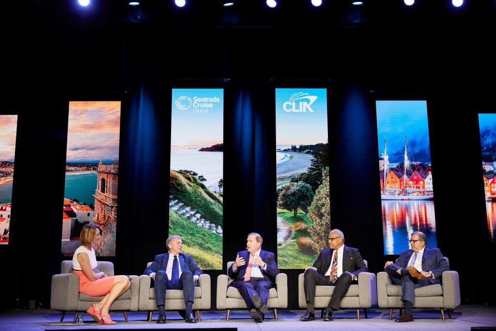 Cruise executives speak during the State of the Industry panel at Seatrade Cruise Global. From left: moderator Lucy Hockings, a presenter on BBC World News, MSC Cruises Executive Chairman Pierfrancesco Vago, Royal Caribbean Cruises CEO Richard Fain, Carnival Corp. CEO Arnold Donald, and Norwegian Cruise Line Holdings CEO Frank Del Rio.