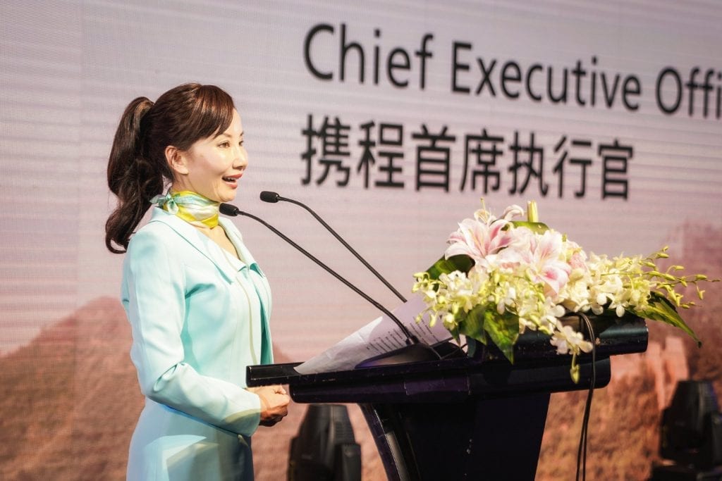 Trip.com Group CEO Jane Sun delivered the keynote speech at the ITB China banquet in 2019. The Chinese government banned the Tripadvisor app, which is controlled by Trip.com Group.