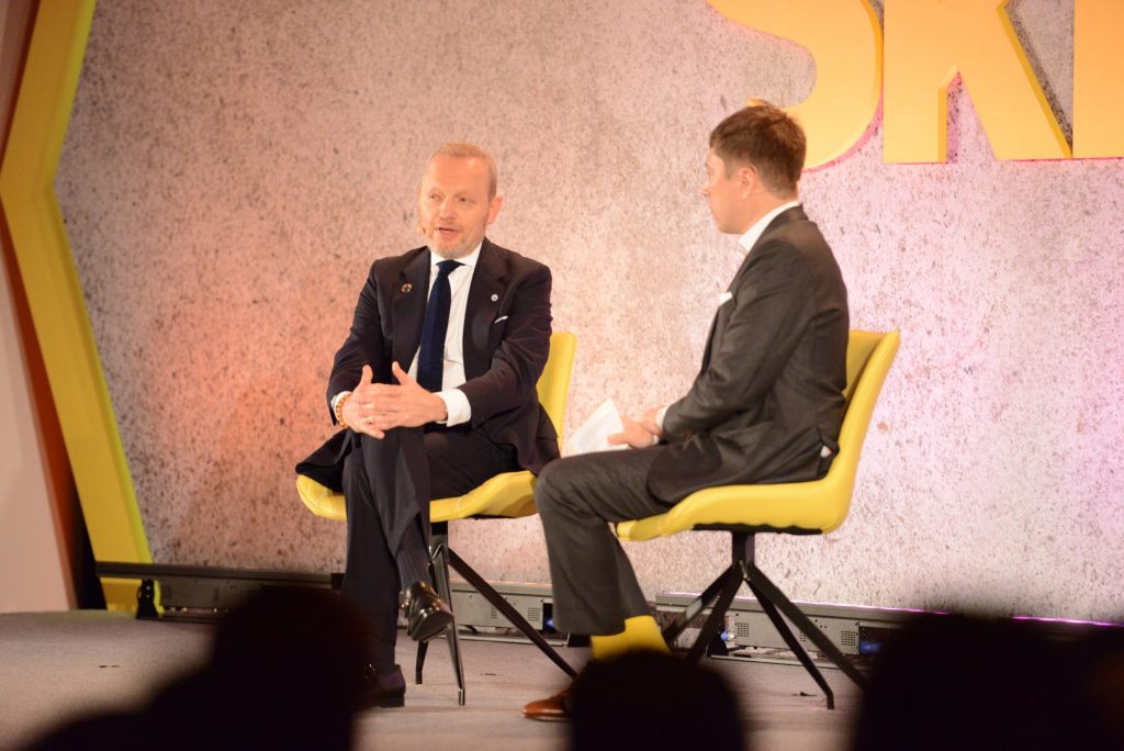 The Travel Corporation CEO Brett Tollman speaking with SkiftX Editorial Strategist Paul Brady at Skift Forum Asia in Singapore on May 27, 2019. Tollman called plastics the 