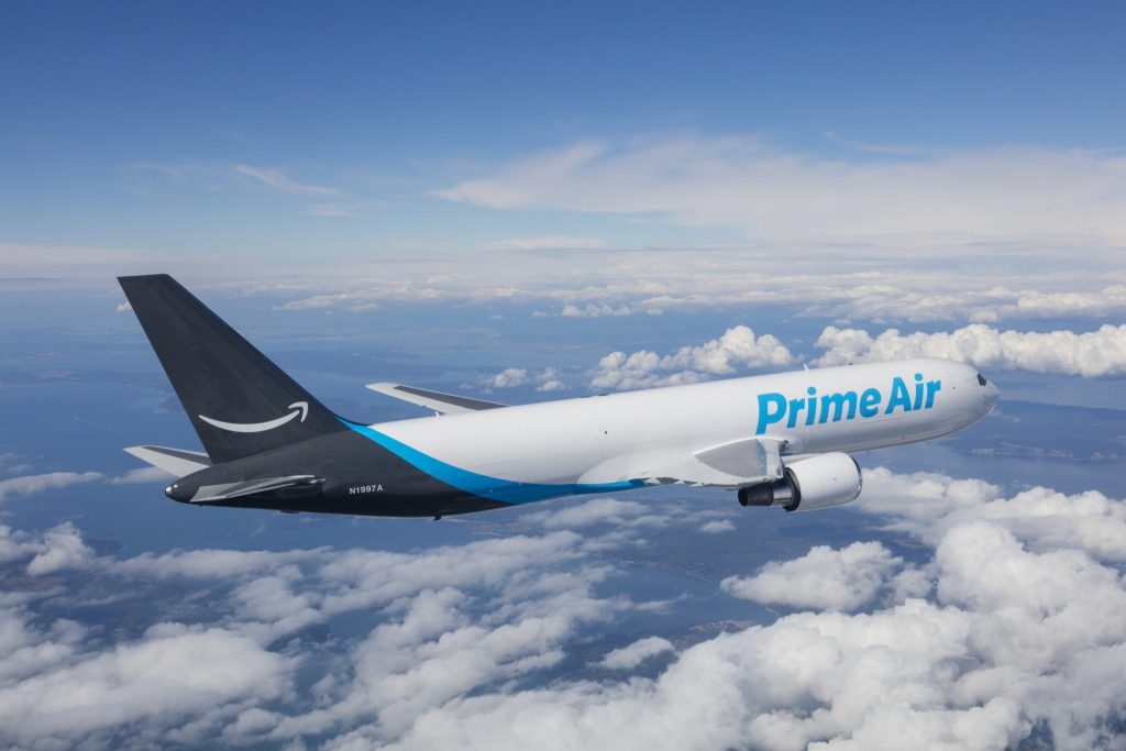 Amazon Prime Air Boeing 767, photographed on August 8, 2016, from Wolfe Air Learjet 25B. Amazon launched a domestic flight service in India.