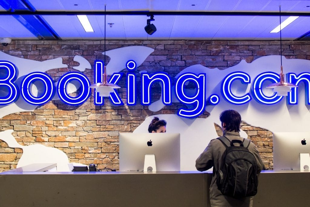 One part of the lobby of the Booking.com headquarters in Amsterdam. The online travel agency is the largest unit in Booking Holdings, and Arjan Dijk is its new chief marketing officer. Dijk will speak on stage at Skift Forum Europe June 29–30 in Madrid, Spain.