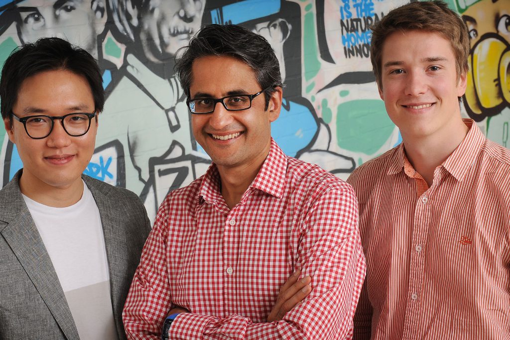 The co-founders of Prowler.io, with CEO Vishal Chatrath (center), chief technology officer Dongho Kim (left), and head of finance Engineering Aleksi Tukiainen (right). This week Prowler.io and other startups received investments.