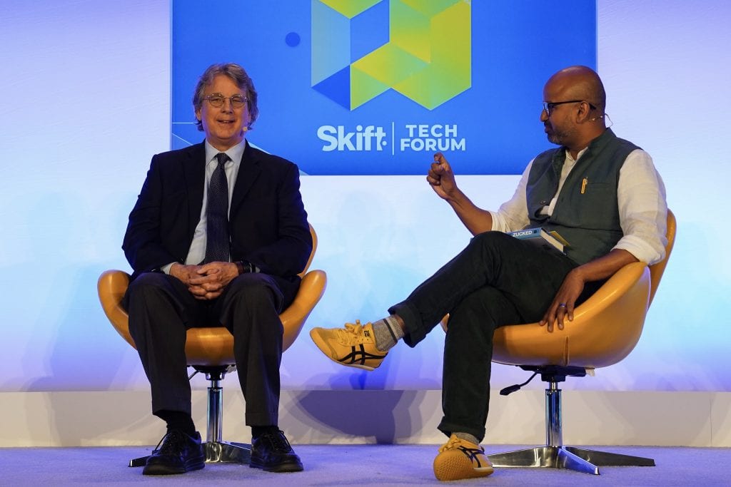 Roger McNamee, early investor in Facebook, speaking on May 27, 2019, at Skift Tech Forum 2019 in San Francisco with Skift founder and CEO Rafat Ali.