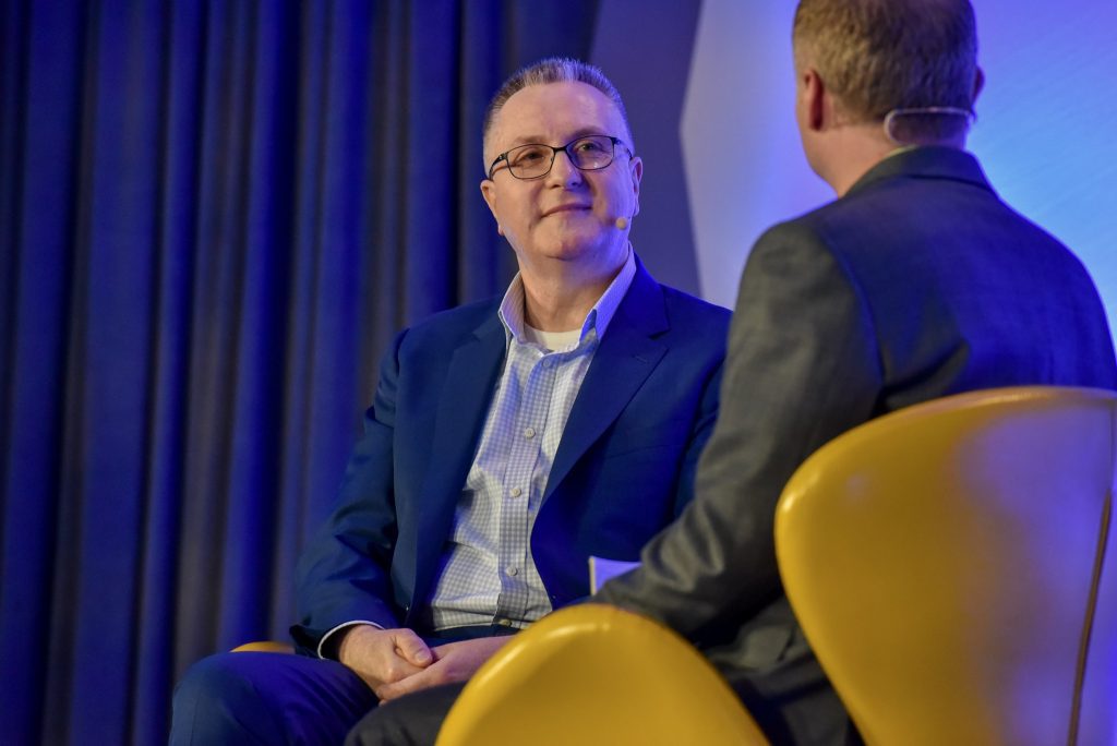 Kevin King, chief operating officer of Shiji Group (left) spoke to Skift Senior Travel Tech Editor Sean O'Neill at Skift Tech Forum June 2019 in San Francisco. The Trump Administration on Friday demanded that Beijing-based Shiji unwind its acquisition of StayNTouch, the hotel property management system.