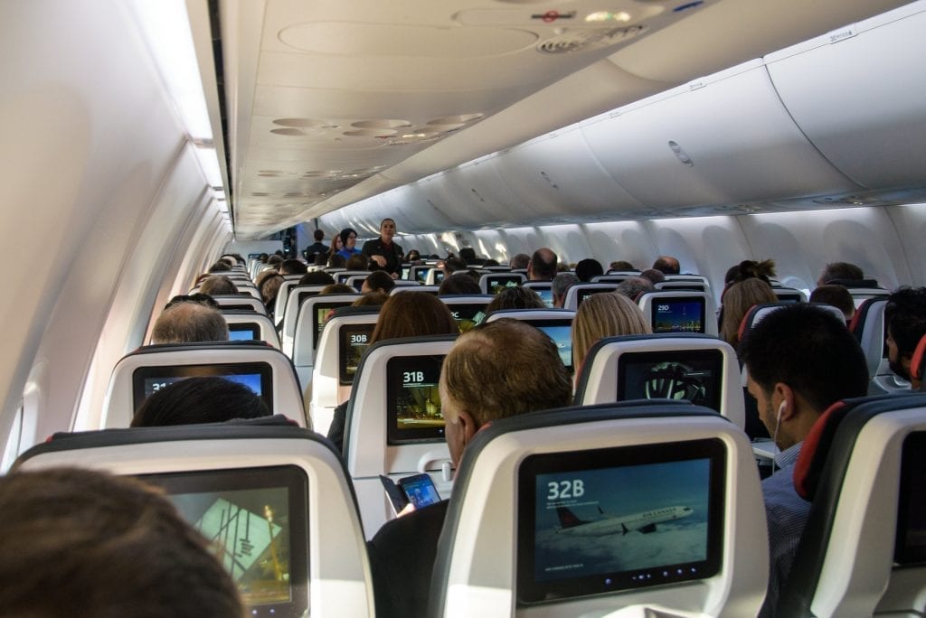 A Boeing 737-8 Max on May 16, 2018. Much of the interior of an aircraft is made of plastic, including seatbacks and tray tables. 