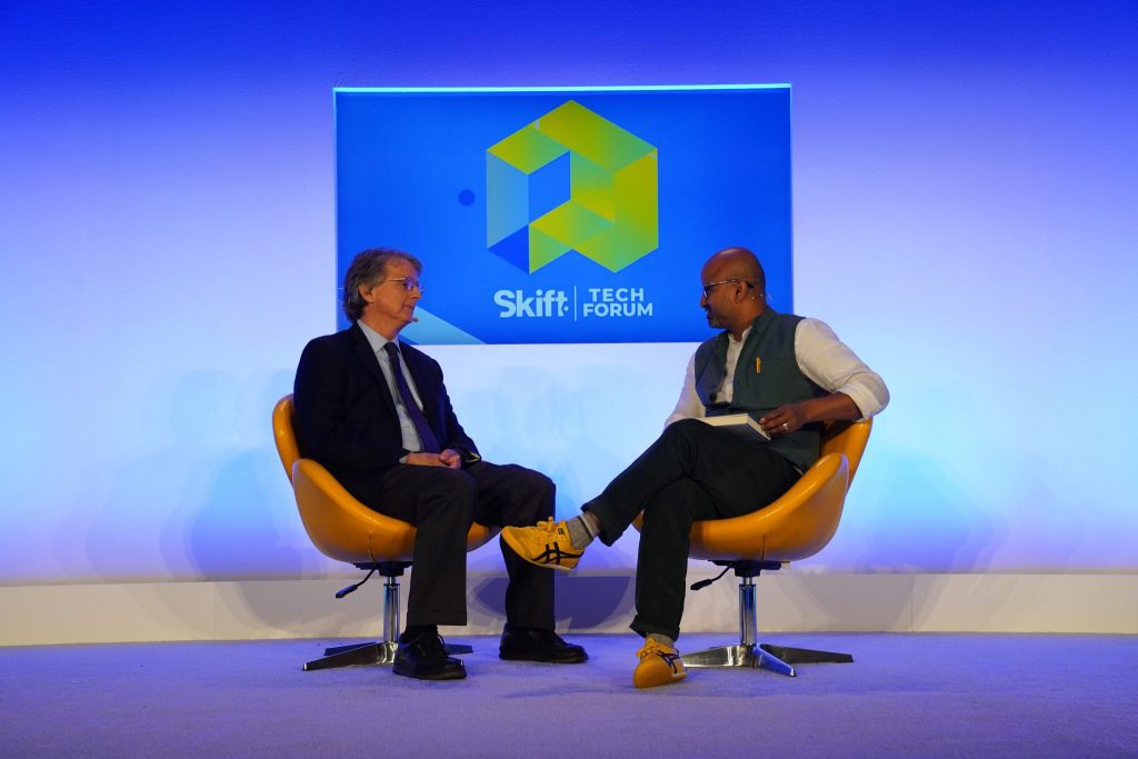 Roger McNamee (left) of Elevation Partners spoke at Skift Tech Forum June 27, 2019 about the authoritarian nature of how Facebook and Google are using Big Data. At right is Skift founder and CEO Rafat Ali.