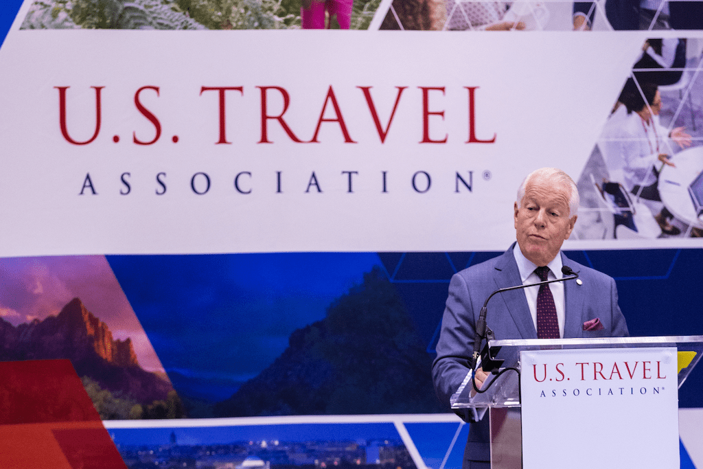 Roger Dow, the president and CEO of U.S. Travel, addressing the crowd this week at the IPW conference in Anaheim, California. 