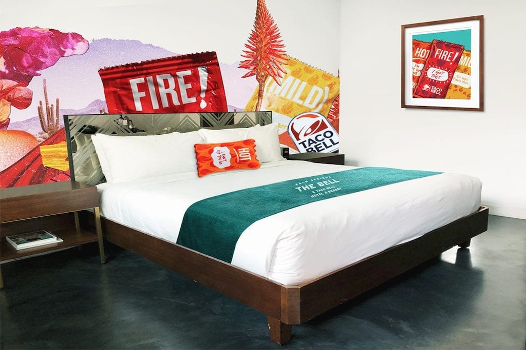 Taco Bell-themed guest room at its limited time hotel offering in Palm Springs, Calif. 