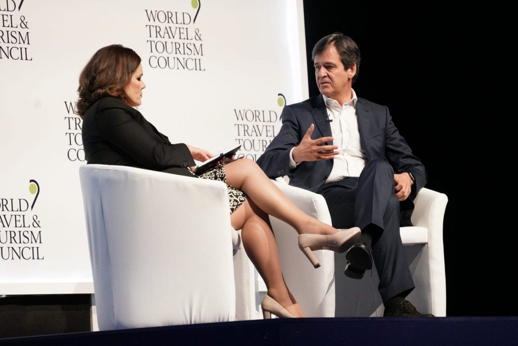 Tanya Beckett, BBC journalist and presenter, interviews Luis Maroto, Amadeus CEO, at the World Travel and Tourism Global Summit in Seville, Spain. Maroto was the best paid CEO out of a selection compiled by Skift.