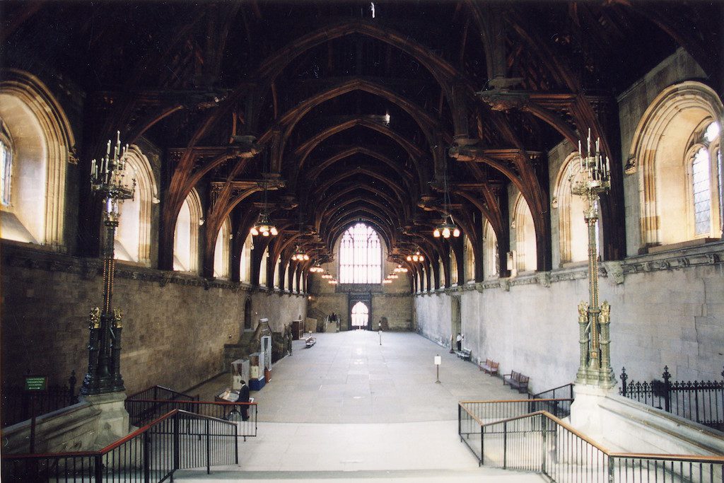 Westminster Hall, the oldest remaining part of the Palace of Westminster, in London.