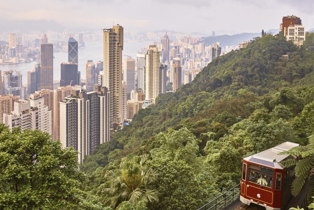 The Peak Tram Hong Kong skyline. 